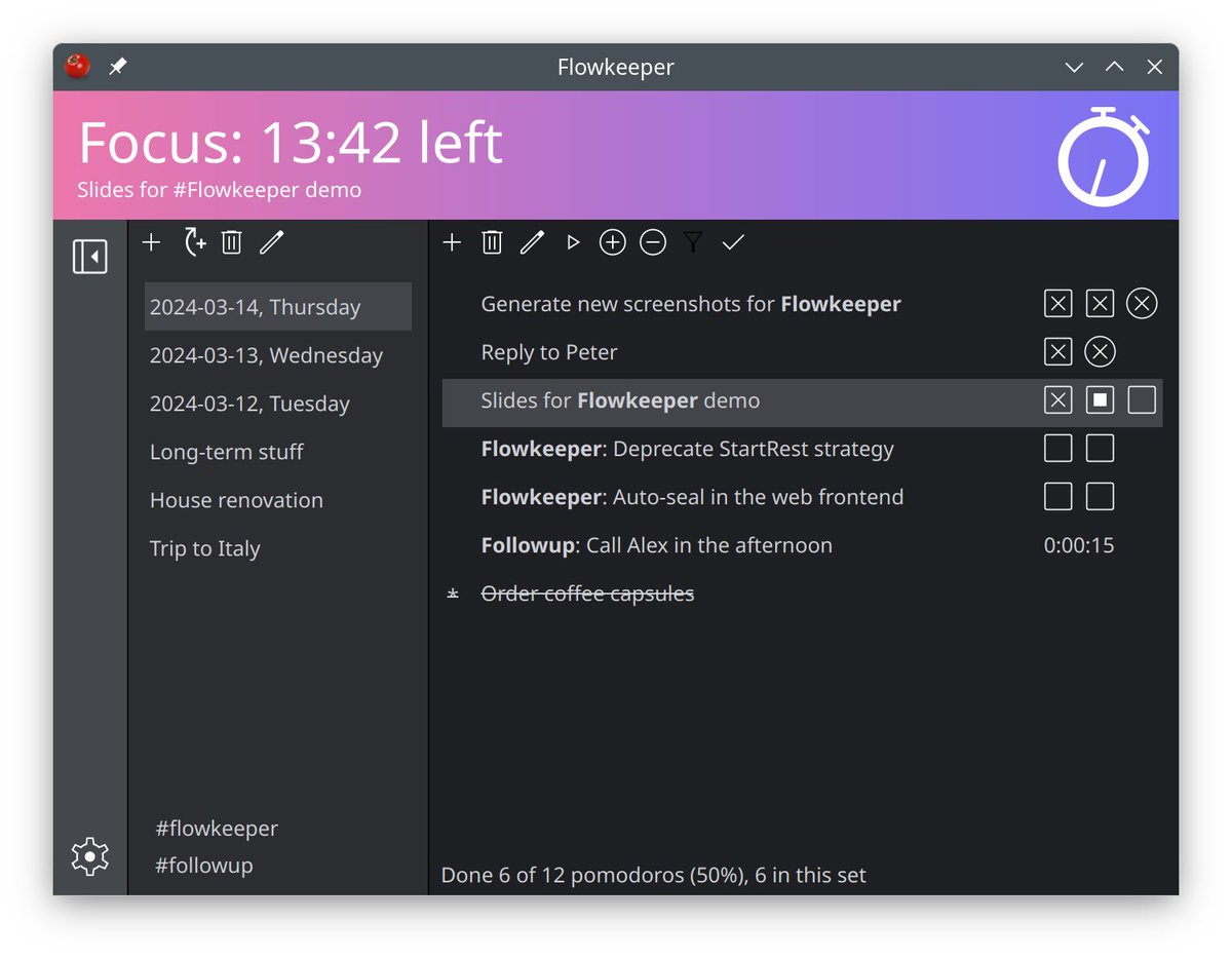 工作時想保持深度專注,市面上的番茄鐘要嘛功能臃腫,要嘛介面複雜,想找個專注、簡潔的應用並不容易。
恰巧,在GitHub 發現Flowkeeper 這個開源番茄鐘桌面應用,專為效率控打造,只做一件事並把它做到極致。
提供原生桌面體驗,介面