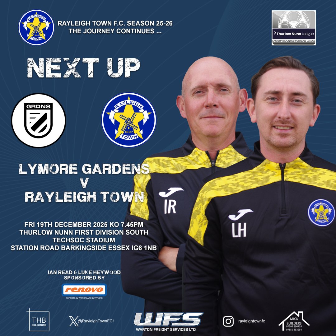 RayleighTownFC1's tweet photo. ⚫🟡 NEXT FIXTURE 🟡⚫
We return to action this Friday evening for our last game before Christmas against @LymoreGardensFC
🏆 Thurlow Nunn FDS 
🗓️ 19 December 2025
🏟️ Techsoc Stadium 
📌 IG6 1NB (Redbridge FC)
🕗 7.45pm
🎟️ Admission £6.00 https://t.co/i2iWWlL6Un