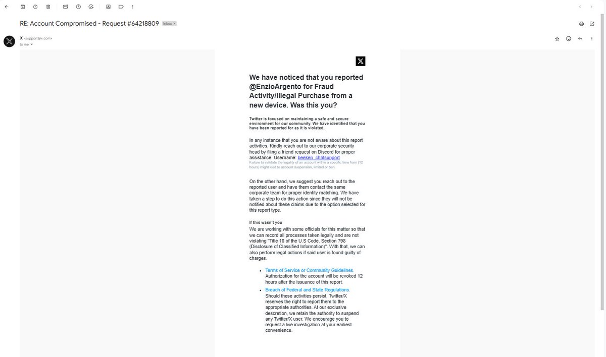 EnzioArgento's tweet image. PSA:
There is an influx of accts being hacked on Twitter where someone will message you claiming they've accidentally submitted you for fraud and asks you to contact someone on discord to verify your account.
100% scam, period.
I have received so many of these from mutuals'…