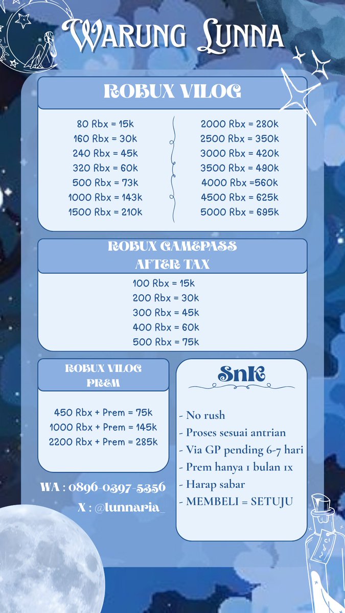 lunnaria_'s tweet photo. 𐔌 . ⋮ pricelist robux vilog &amp; gamepass .ᐟ ֹ ₊ ꒱
#zonauang #zonaaba #zonajajan 

「 ✦ Contact ✦ 」:
https://t.co/R07uOng1ut https://t.co/7VTAI1Dwis