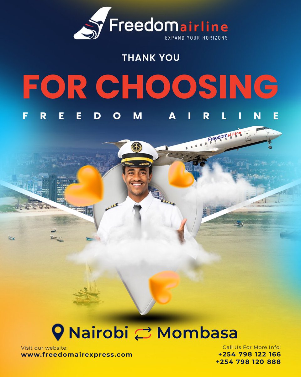 FreedomAirKe's tweet image. Thank you for choosing Freedom Airline! ✈️💙
We’re proud to serve your journeys between Nairobi ↔️ Mombasa.
Your trust keeps us flying higher!

#FlyFreedom #FreedomAirline #MombasaNairobi #ExpandYourHorizons