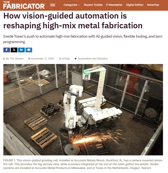 TeqramBV's tweet photo. High-mix fabrication without complex robot programming?
Vision-guided automation makes it possible.
Featured by The Fabricator.
🔗 https://t.co/qD2t0r4M50

#ManufacturingUSA #Automation #MetalFab #Robotics https://t.co/3xkeLnRn1X
