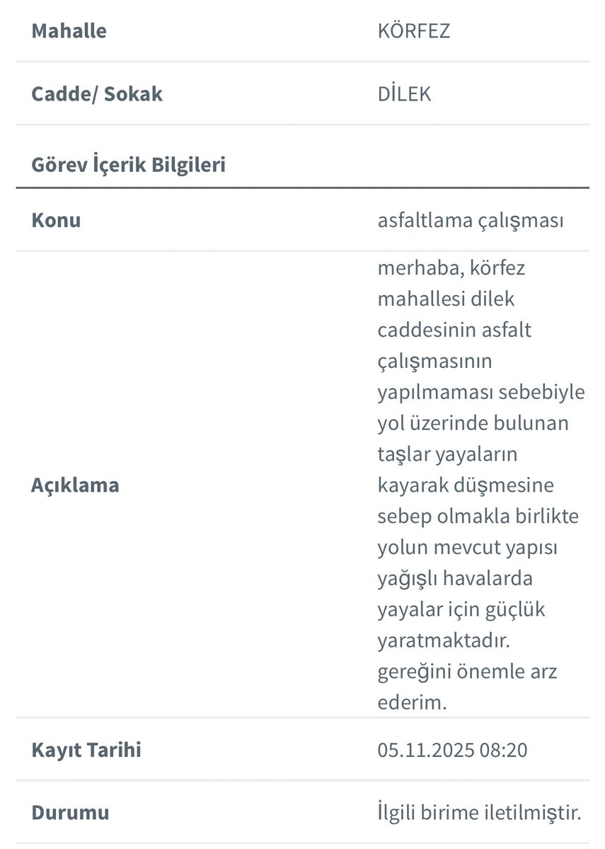 hbhudaa's tweet photo. 05.11.25 tarihinde yapmış olduğum 89003 numaralı talep bir buçuk aydır cevapsız bir şekilde beklemekte. 
dilek caddesinin mevcut durumu (zemin yapısı ve ışıklandırmanın olmaması) zorluk yaşanmasına sebep olmaktadır. gereğini talep ediyorum @atakumbeltr @serhaturkel https://t.co/KYYd67y2C5