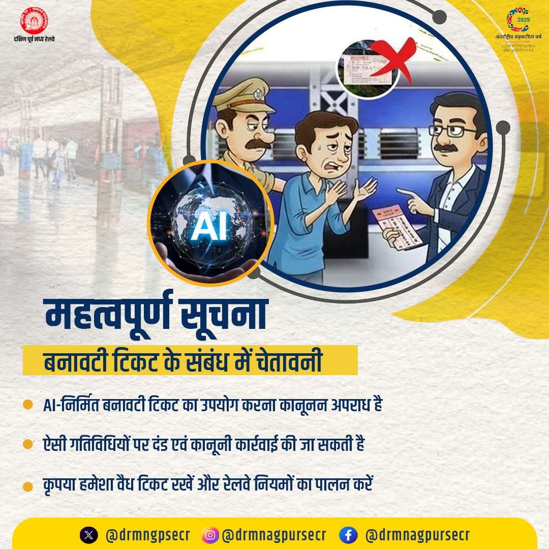drmngpsecr's tweet photo. सावधान रहें! 
AI-निर्मित या बनावटी टिकट का उपयोग दंडनीय अपराध है। हमेशा वैध टिकट से ही यात्रा करें।
@RailMinIndia @GMSECR @secrail
#TravelSafe #ValidTicketOnly #NoFakeTickets #ResponsibleRailYatri https://t.co/Rv1nAIQMPk