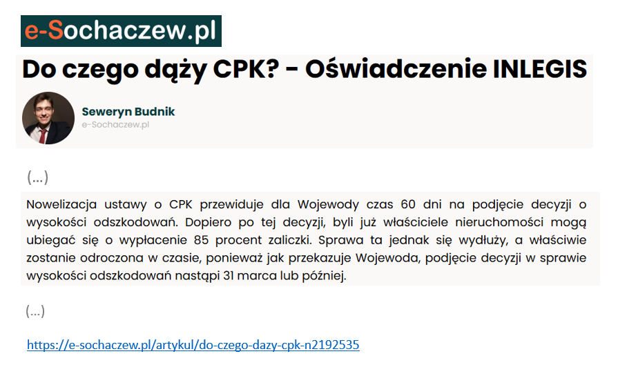 FundacjaINLEGIS's tweet photo. @e_Sochaczew: artykuł o oświadczeniu Kancelarii INLEGIS z 10 XII br.
Przekazuje to, co wielu mediom umyka: pierwsze środki (zaliczka) pojawić się mają na koncie wywłaszczanych pod #CPK po 30 dniach - ale od decyzji wojewody. A ten nie dotrzyma 60 dni z ustawy.
💰może w maju 2026? https://t.co/34mBt8F2Wp