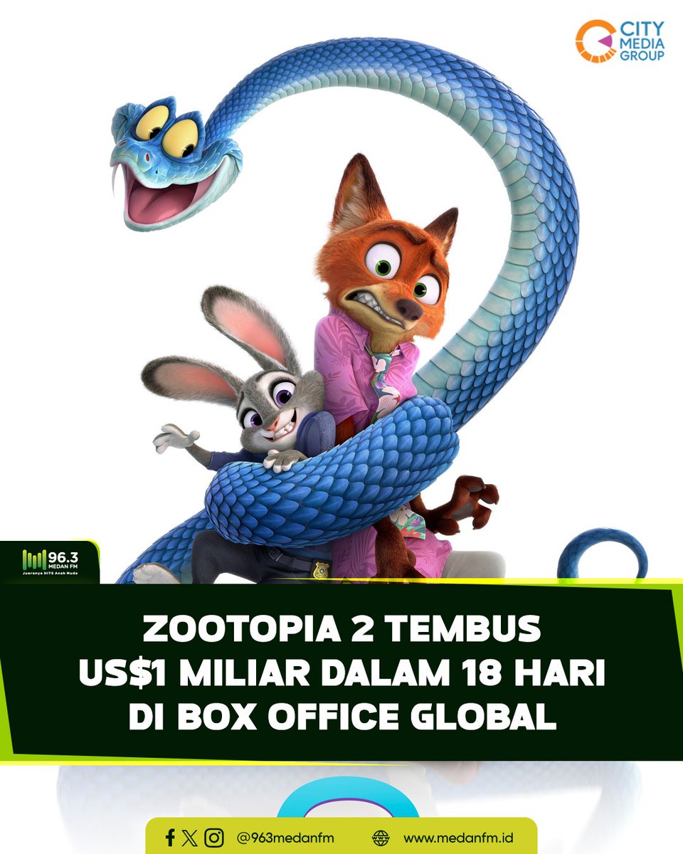 Zootopia 2 resmi masuk klub Billion Dollar Movies. Film yang tayang 26 November 2025

bit.ly/3XXdsIp

Sumber: cnnindonesia.com
#medanfmnews #medanfmmakinhits
#zootopia #disney #boxoffice