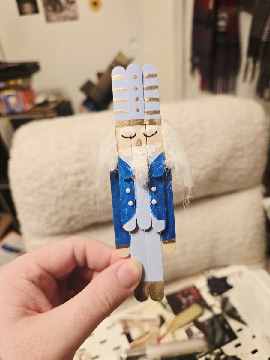 I tried a cute christmas craft!
Making little nutcracker ornaments. 

This was my first attempt. Not perfect or that good, but it was fun and I'll do much better on the next one! 

He's still charming, though. Lol.