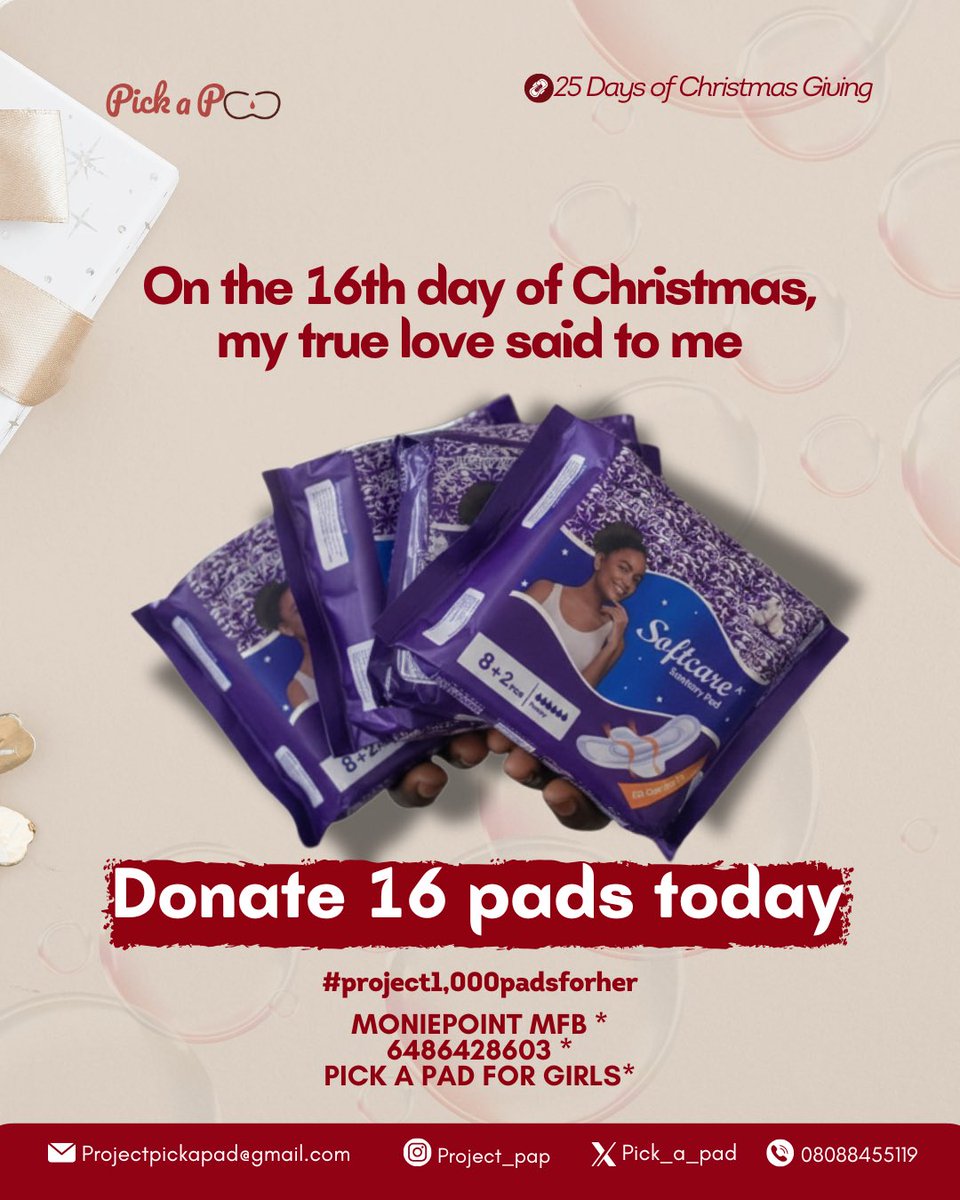 On the 16th day of Christmas, give a gift that truly matters.

Donate 16 pads today and help a girl experience comfort, dignity, and confidence this Christmas season!
Your kindness keeps girls healthy, confident, and in school. 💗

#pickapad #spreadlove #christmas #donate #period