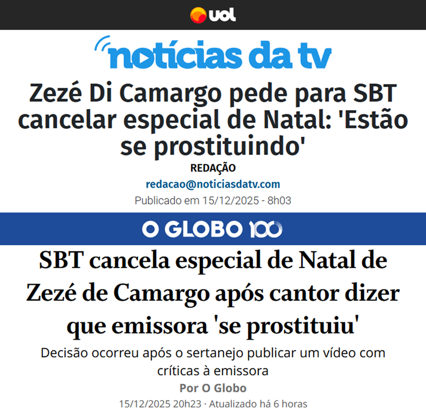 Quem pediu pra cancelar foi o Zezé.

O que faz a Globo? Vende a ideia que foi o SBT que decidiu cancelar depois de críticas do Zezé.

A Globo precisa ser fechada e responsabilizada.