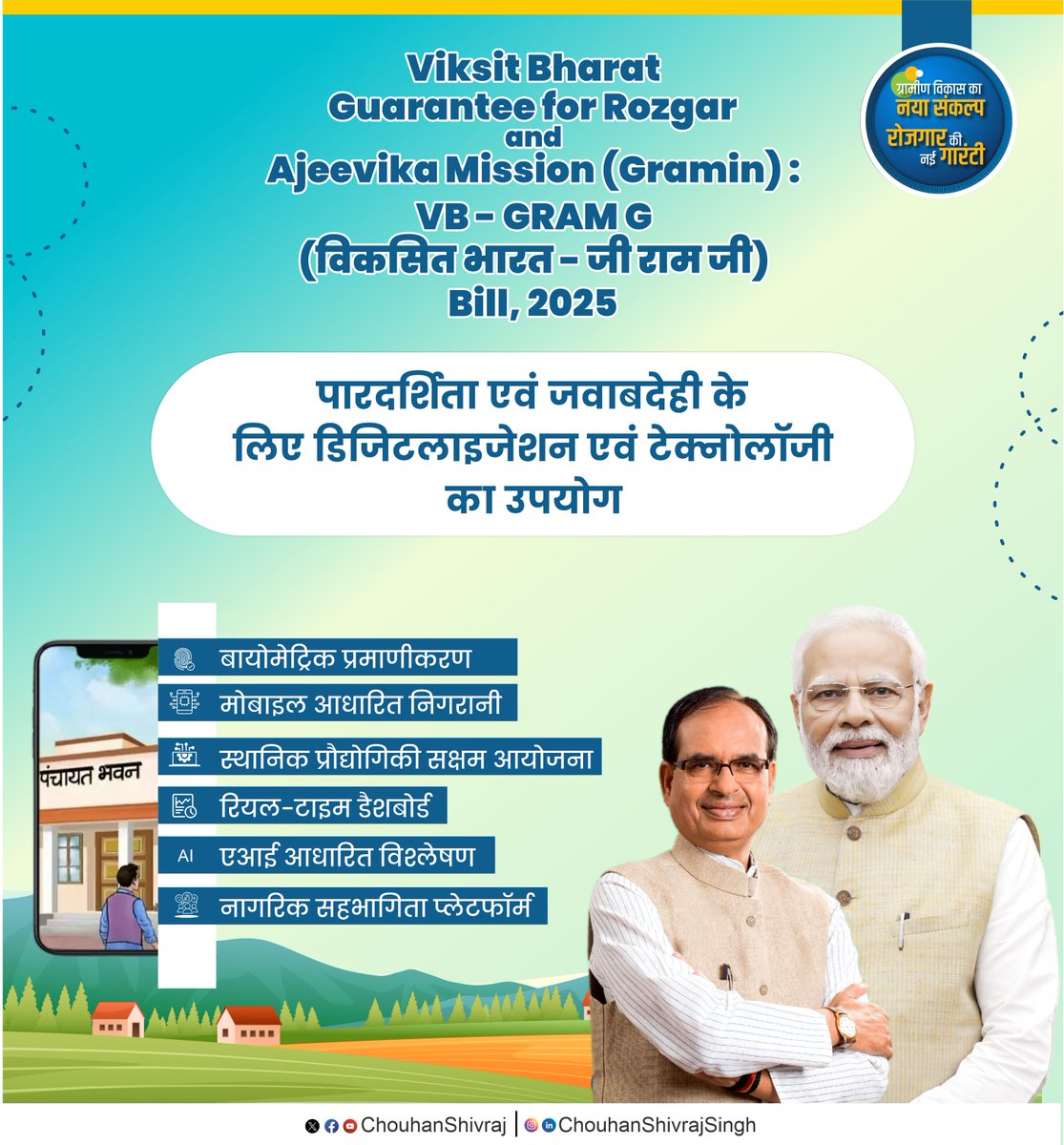 MoRD_GoI's tweet photo. Viksit Bharat – Guarantee for Rozgar and Ajeevika Mission (Gramin) :
VB – G RAM G (विकसित भारत – जी राम जी) Bill, 2025

पारदर्शिता एवं जवाबदेही के लिए डिजिटलाइजेशन एवं टेक्नोलॉजी का उपयोग

-बायोमेट्रिक प्रमाणीकरण
-मोबाइल-आधारित निगरानी
-स्थानिक-प्रौद्योगिकी-सक्षम आयोजना
-रियल-टाइम डैशबोर्ड
-एआई आधारित विश्लेषण
-नागरिक सहभागिता प्लेटफ़ॉर्म

#ViksitBharat_G_RAM_G #VB_GRAMG #VBGRAMG #ViksitBharatG_RAM_G #ViksitBharat_GRAMG #MoRD #SchemesofRD #RuralEmployment #ViksitBharat