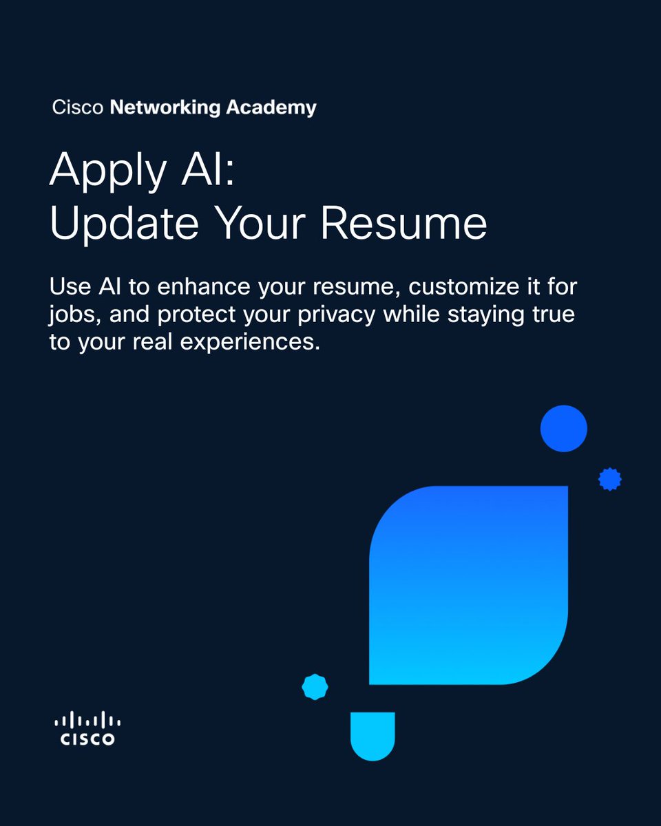 CiscoNetAcad's tweet image. We offer two courses to help you apply AI with practical skills you can use right away.

✅ Apply AI: Analyze Customer Reviews cs.co/6013CEFyF
✅ Apply AI: Update Your Resume cs.co/6014CEFy2

🗣️ Now we want to hear, what AI skill would you love to learn next?