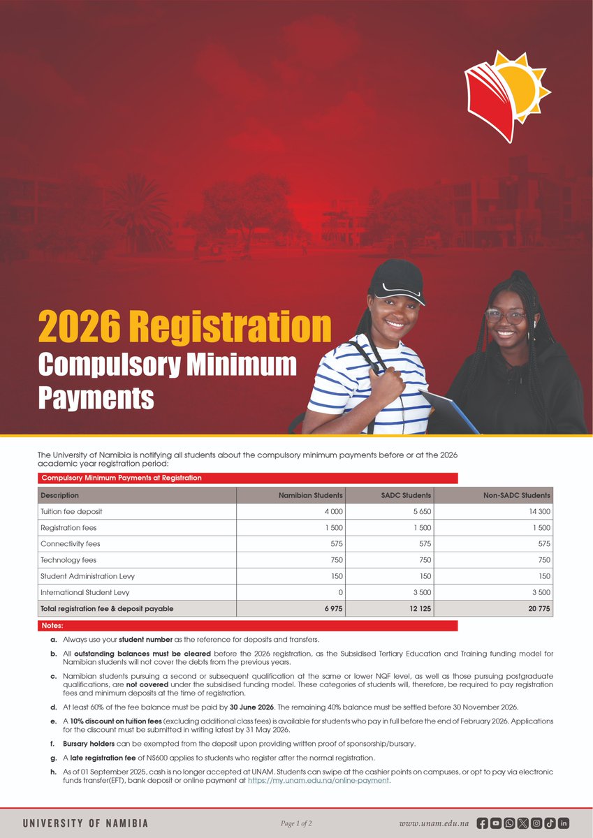 unam_na's tweet image. Planning for 2026 Registration? Read This First

@unam_na has released the 2026 Compulsory Minimum Payments at Registration, including a detailed breakdown of residence (hostel) fees across all campuses

1/3