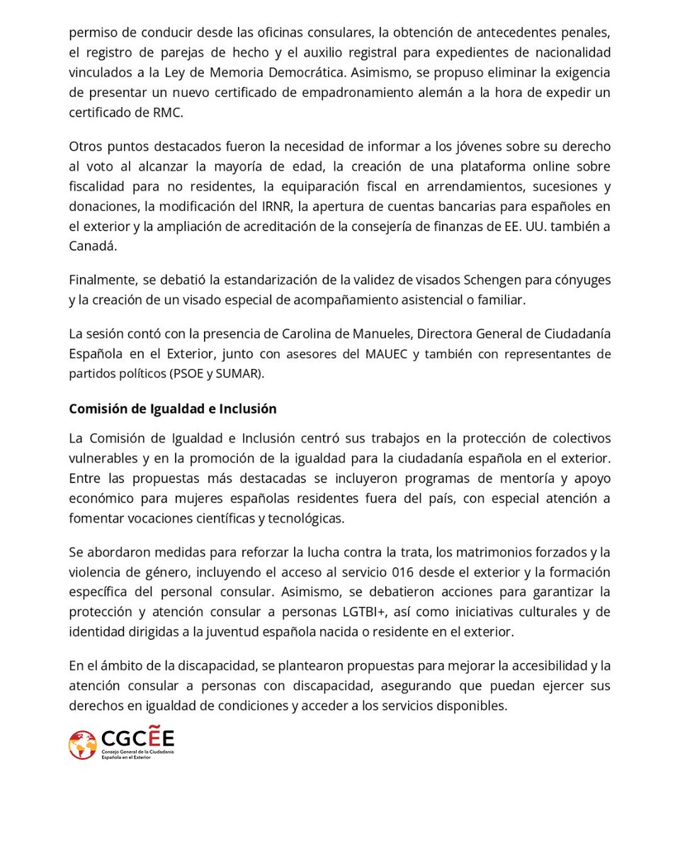 CGCEE_VIII's tweet photo. COMUNICADO:
El CGCEE presenta más de 100 propuestas para reforzar derechos, igualdad, educación y servicios consulares de la ciudadanía española en el exterior.
#CGCEE #CiudadaníaExterior #EspañolesEnElExterior https://t.co/ODAKzrCQ1V