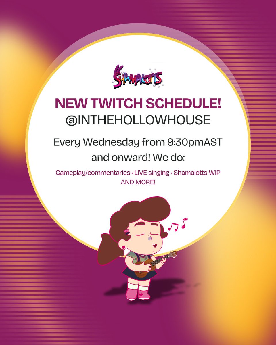 We will be changing our Twitch stream time to Wednesdays at 9:30pmAST. Catch us doing Shamalotts WIP, live singing, gameplay commentary or just chatting while watching videos! 💻 Follow inthehollowhouse on Twitch to join in! #twitch #indieseries #twitchstreamer #shamalotts