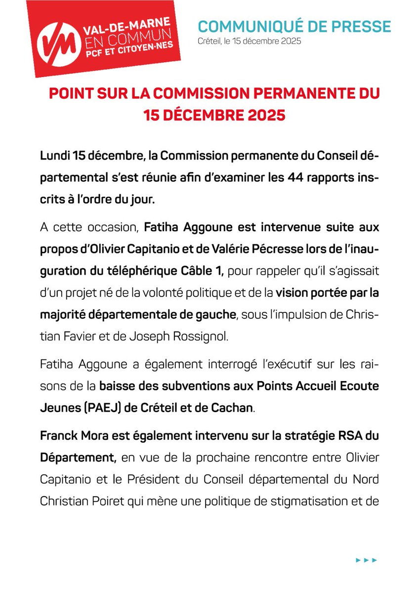 VDMencommunPCF's tweet image. 🔴 Retour sur la commission permanente du 15 décembre 2025 

🚠📉👶 Téléval - Câble 1, baisse des subventions aux PAEJ, RSA, crèches… 

↪️📲 Retrouvez toutes les interventions de nos élu•es sur : groupepcf-citoyens94.com/commission-per…