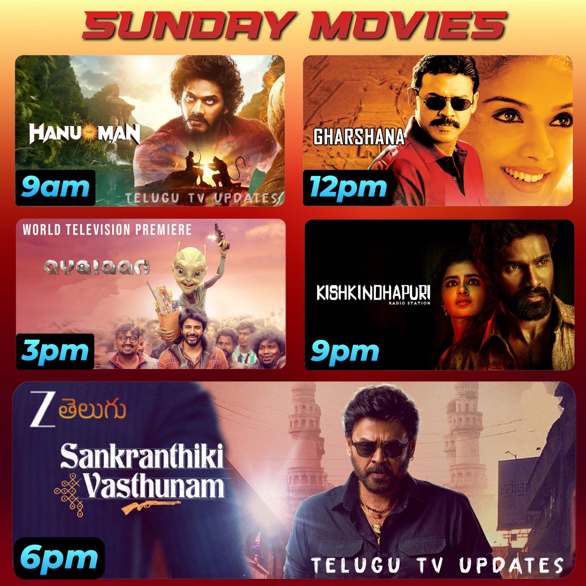 telugutvupdts's tweet photo. Sunday movies on #ZeeTelugu
#HanuMan 9am
#Gharshana 12pm
#Ayalaan(WTP) 3pm
#SankranthikiVasthunam 6pm
#Kishkindhapuri 9pm
#Venkatesh #TejSajja #BellamkondaSreenivas #SivaKarthikeyan #AnupamaParameswaran #MeenakshiChaudhary #AishwaryaRajesh #RakulPreetSingh #Asin https://t.co/bs1sN2Zoet