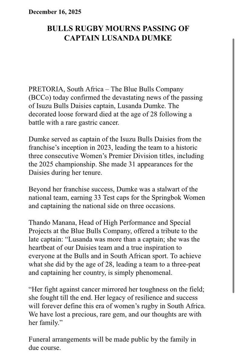 av_sawula's tweet image. Devastating news this morning that Springbok Women loose forward and Bulls Daisies captain, Lusanda Dumke has passed away💔 Ohyini madoda💔