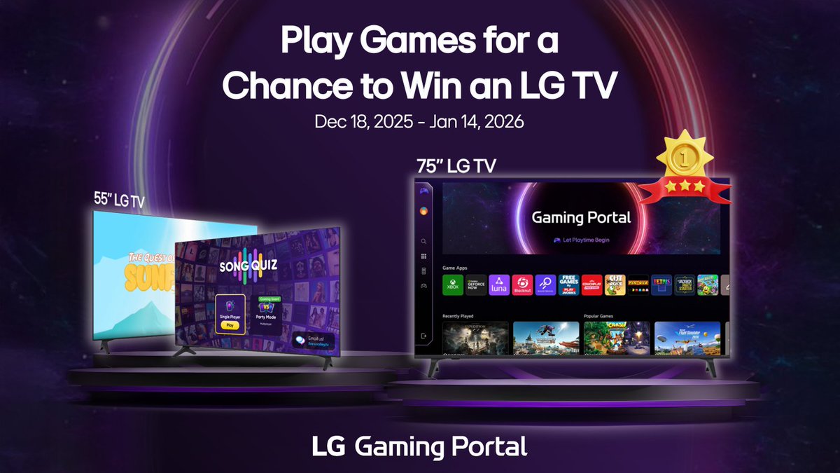 LGGamingGlobal's tweet photo. Play Games for a Chance to Win an LG TV! 🎁(Dec.18 – Jan.14)

We’re launching a global event where you can win a brand-new TV—simply by playing games on your LG TV (webOS 6.0+). Join in and show us your Gaming Portal experience!

⭐How to Participate
1. Play any game on the LG TV (webOS 6.0+) Gaming Portal, or upload a photo of the Gaming Portal home screen.
2. Quote-retweet the official event post
3. Attach your photo + include #LGGamingPortal (required)
Good luck and have fun playing on the LG Gaming Portal! 🎮