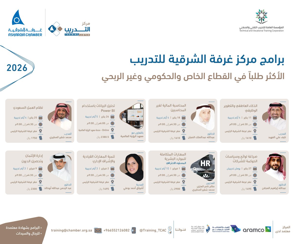 يسر مركز غرفة الشرقية للتدريب الإعلان عن البرامج التدريبية القادمة ضمن حزمة تدريبية نوعية تهدف إلى تطوير المهارات وتعزيز الكفاءة المهنية.
سجّل الآن وابدأ رحلة التطوير:
tcac.sa/trainingProgra…
للاستفسار:
wa.me/966552126082