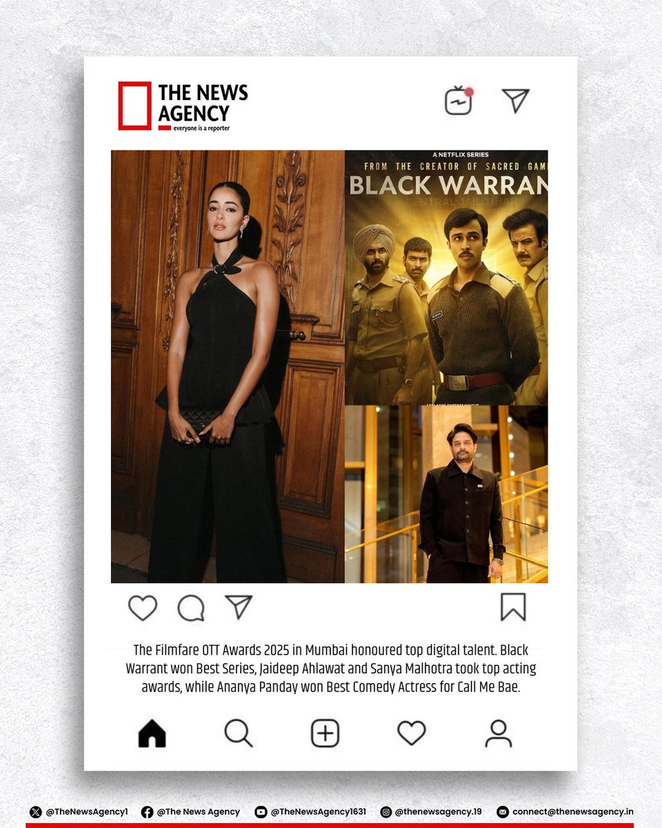 TheNewsAgency1's tweet image. #FilmfareOTTAwards2025 #OTTStars #AnanyaPanday #JaideepAhlawat #SanyaMalhotra #BlackWarrant #OTTCelebration #BollywoodOTT #FilmfareAwards #EntertainmentNews @ananyapandayy @JaideepAhlawat @sanyamalhotra07