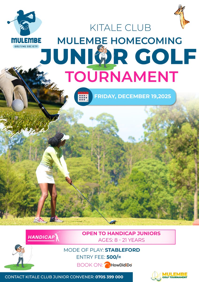 KITALECLUB's tweet photo. ⛳ Welcome to Mulembe Homecoming Golf Tournament!
📅 19th – Juniors
📅 20th – Amateurs &amp; Pros

Let’s tee off, connect, and make it a homecoming to remember! 🏆⛳
"Golfers don’t lose golf balls — they donate them to the course."😁 #MulembeHomecoming #MulemberGolf #Golftournament https://t.co/jik4CxtRob