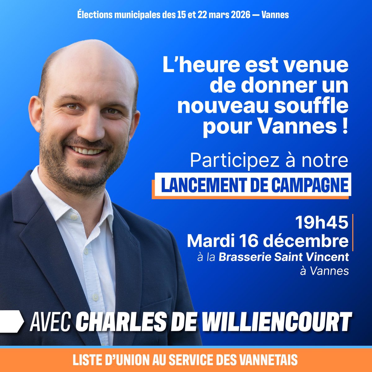 Williencourt26's tweet photo. Nous vous donnons rendez-vous à la Brasserie Saint-Vincent pour le lancement officiel de notre campagne, ce soir mardi 16 Décembre à 19h45. 

L’heure est venue de donner un nouveau souffle pour Vannes — et c’est ensemble que nous y parviendrons !

#Vannes2026 #Municipales2026 https://t.co/iP7hmopzSm