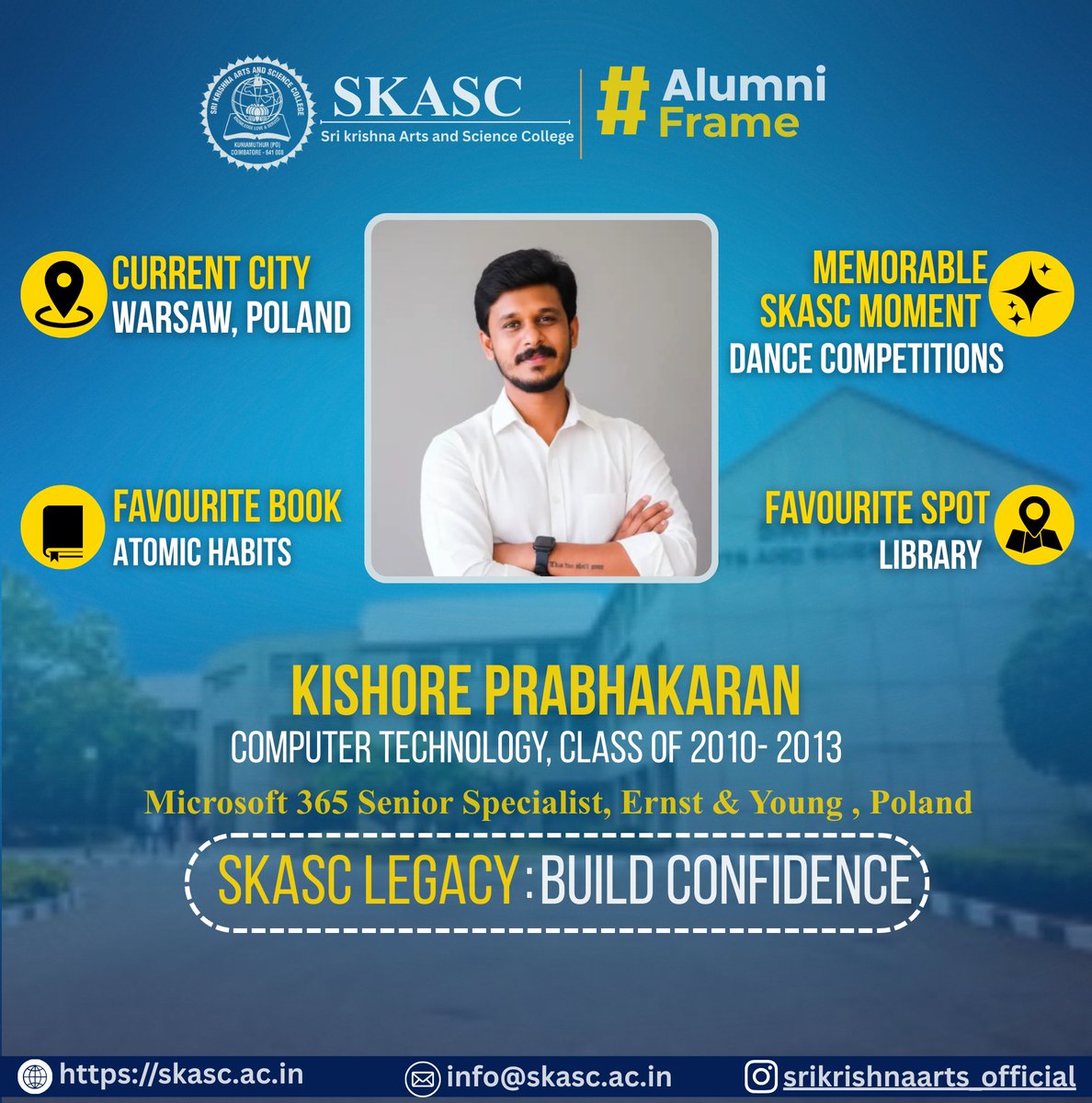 SKASC PROUD MOMENT
Kishore Prabhakaran stands as a remarkable example of how confidence, continuous learning, &amp; commitment can shape a global career. From the corridors of SKASC to the corporate landscape of Poland, his journey inspires every student to dream beyond boundaries.