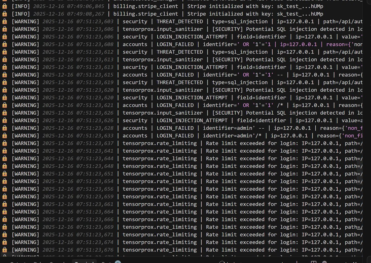 metaborgg's tweet photo. Internal testing layer 7 security implemented for τensorprox to make it untouchable : classic ' OR '1'='1 gets flagged and blocked instantly, sanitization + threat detection.
XSS attempts die from CSP, escaping, sanitization.
Brute force? Rate limiting kills auth spam.
CSRF, clickjacking, MIME sniffing—all headers and middleware locked.
NoSQL? Validation + logs stop it cold.
#Tensorprox #SN91 #Shugo #Bittensor #Cybersecurity