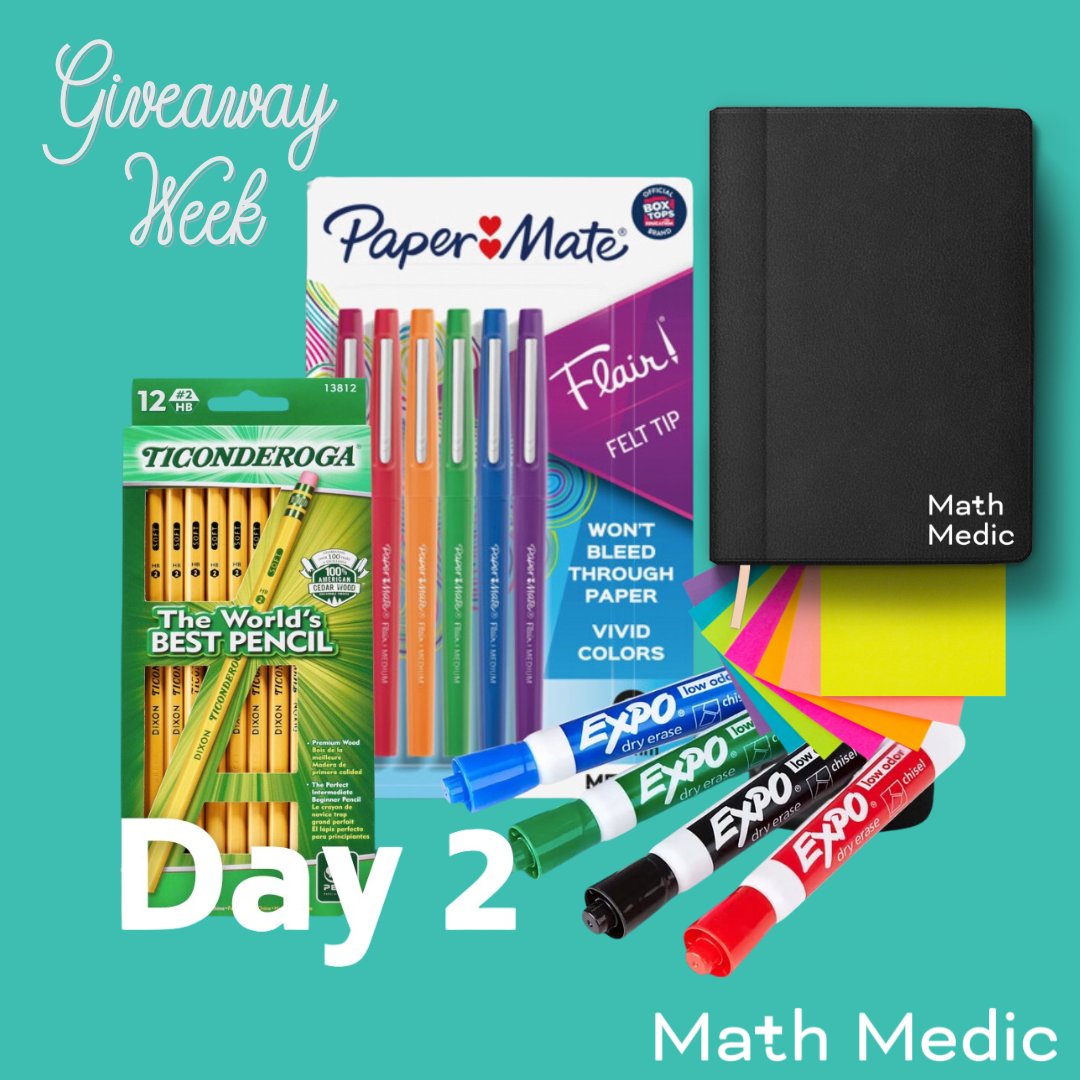 Day 2: Our Fave Teacher Essentials - Papermate Flair pens, Expo markers, Ticonderoga pencils, Math Medic notebooks, and Post-It notes. Follow, like, and repost for your chance to win (check your DMs all week). #MathMedic #giveaway #mathteacher #teacherlife #happyholidays #MTBoS