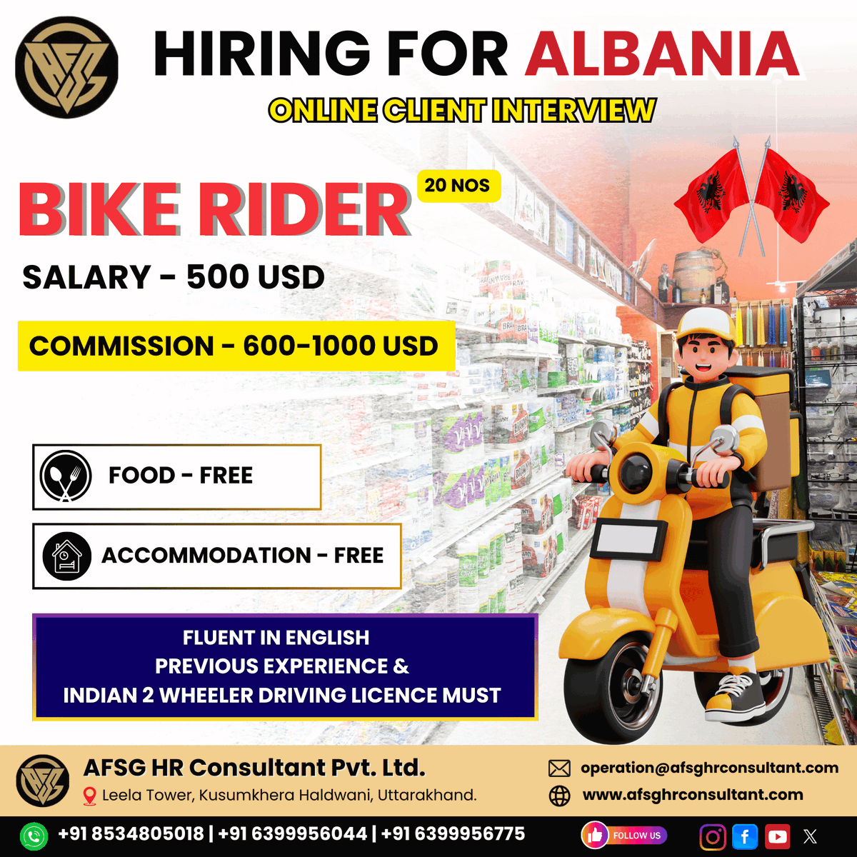 🚴‍♂️ HIRING FOR ALBANIA 🇦🇱
Online Client Interview 
Position: Bike Rider (20 Vacancies)
💰 Salary: 500 USD
💸 Commission: 600–1000 USD

📲 Apply Today | Limited Slots Available

📞 Contact:  +91 8534805018 | +91 6399956044 | +91 6399956775
📧  Email: oepration@afsghrconsultant.com