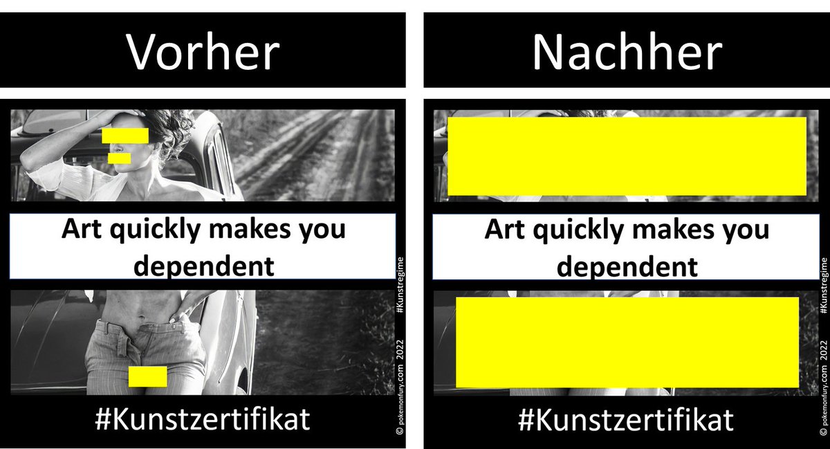 Warum dieses Bild normative #Konformität zeigt
1. Der entscheidende Punkt: Es wird nichts verboten

Im „Vorher“-Bild ist nichts Illegales zu sehen.
Keine explizite Gewalt, keine Pornografie, kein klarer Regelverstoß.
Und trotzdem greift im „Nachher“-Bild eine massive Überformung.