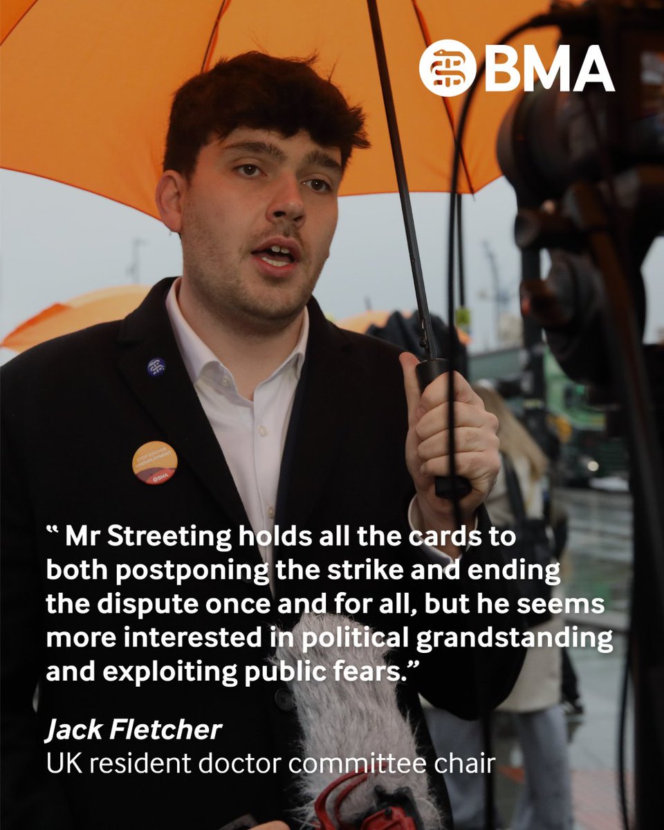 TheBMA's tweet photo. Tomorrow’s strike is still entirely avoidable, @wesstreeting should work with us to come up with a credible offer to end this jobs crisis and avert the real terms pay cuts he is pushing in 2026. 

We're willing to work to find a solution if he is
@fletchjack https://t.co/5MKk6f3lR9