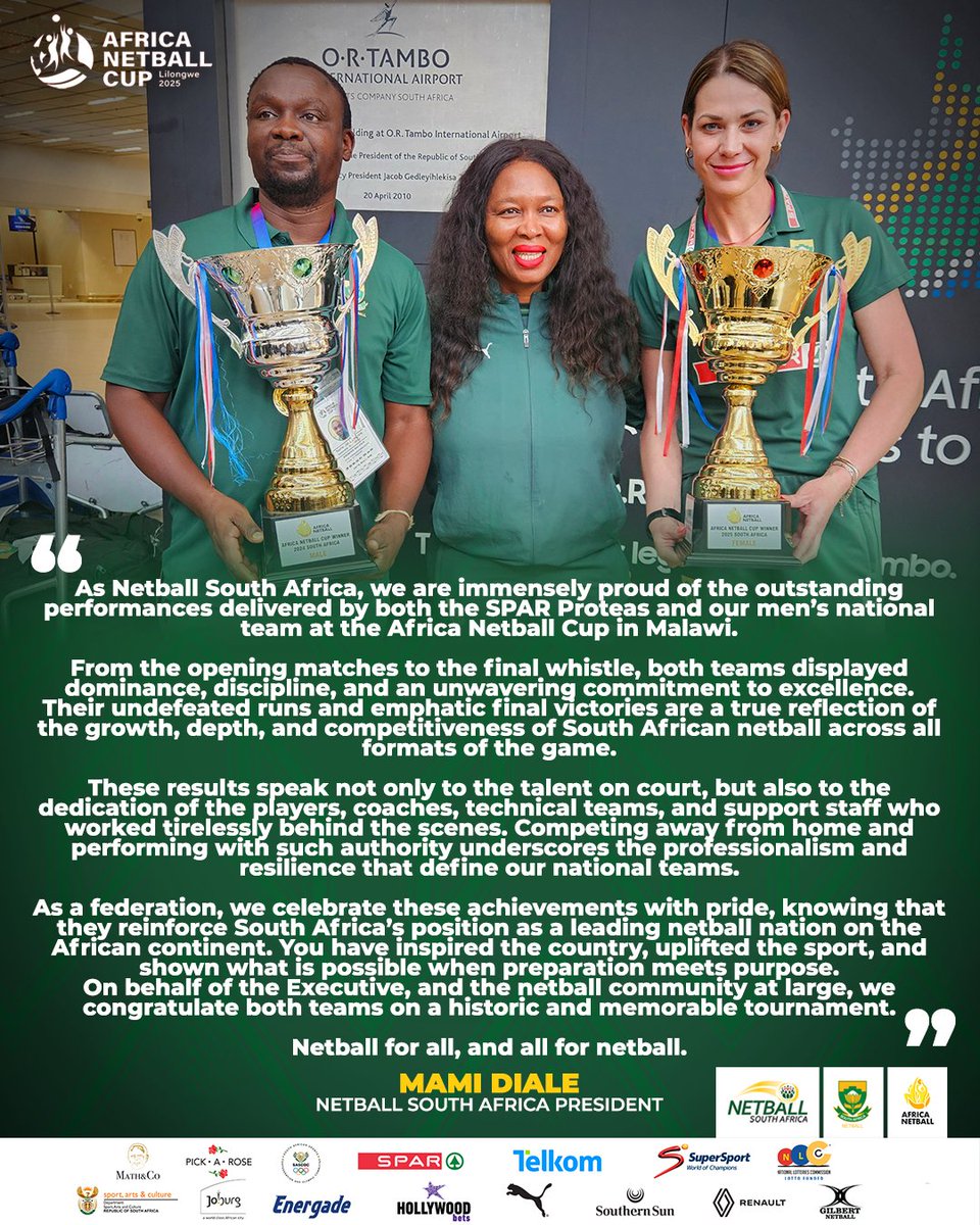 Netball_SA's tweet photo. President Mami Diale reflects on a historic Africa Netball Cup — celebrating excellence, unity, and champions once again. 🇿🇦✨

#SPARProteas #WeAreAllIn #SAMensNetball #AfricaNetballCup #UniteBuildRise https://t.co/ecpmLM6iKn