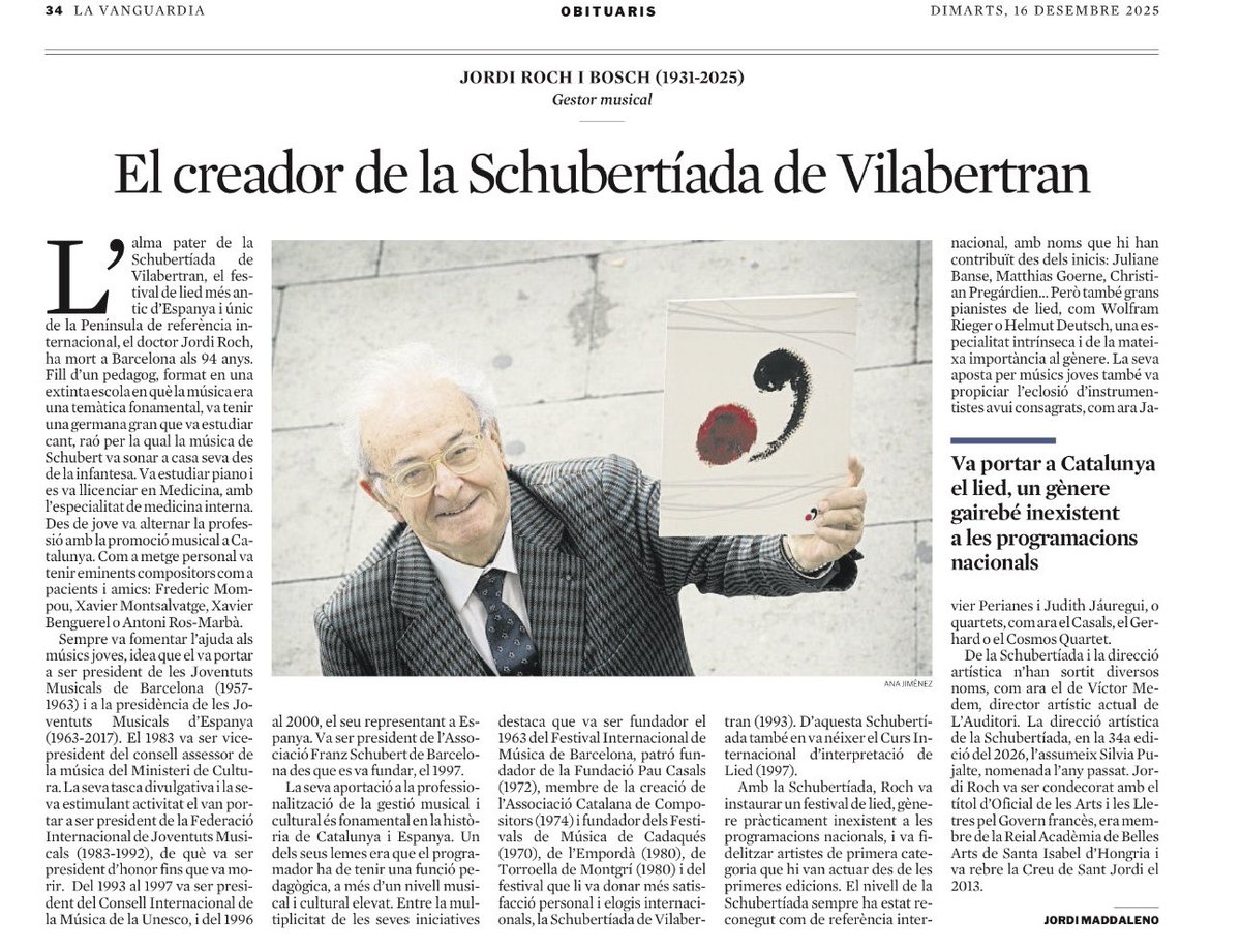 JordiMadd's tweet photo. Obituari del Dr. #JordiRochiBosch, creador i ànima pater de la @schubertiada de #Vilabertran i un referent de la gestió musical i cultural del país.
@LaVanguardia
DEP #JordiRoch #Schubertiada #Lieder https://t.co/U3bxOEXq3z