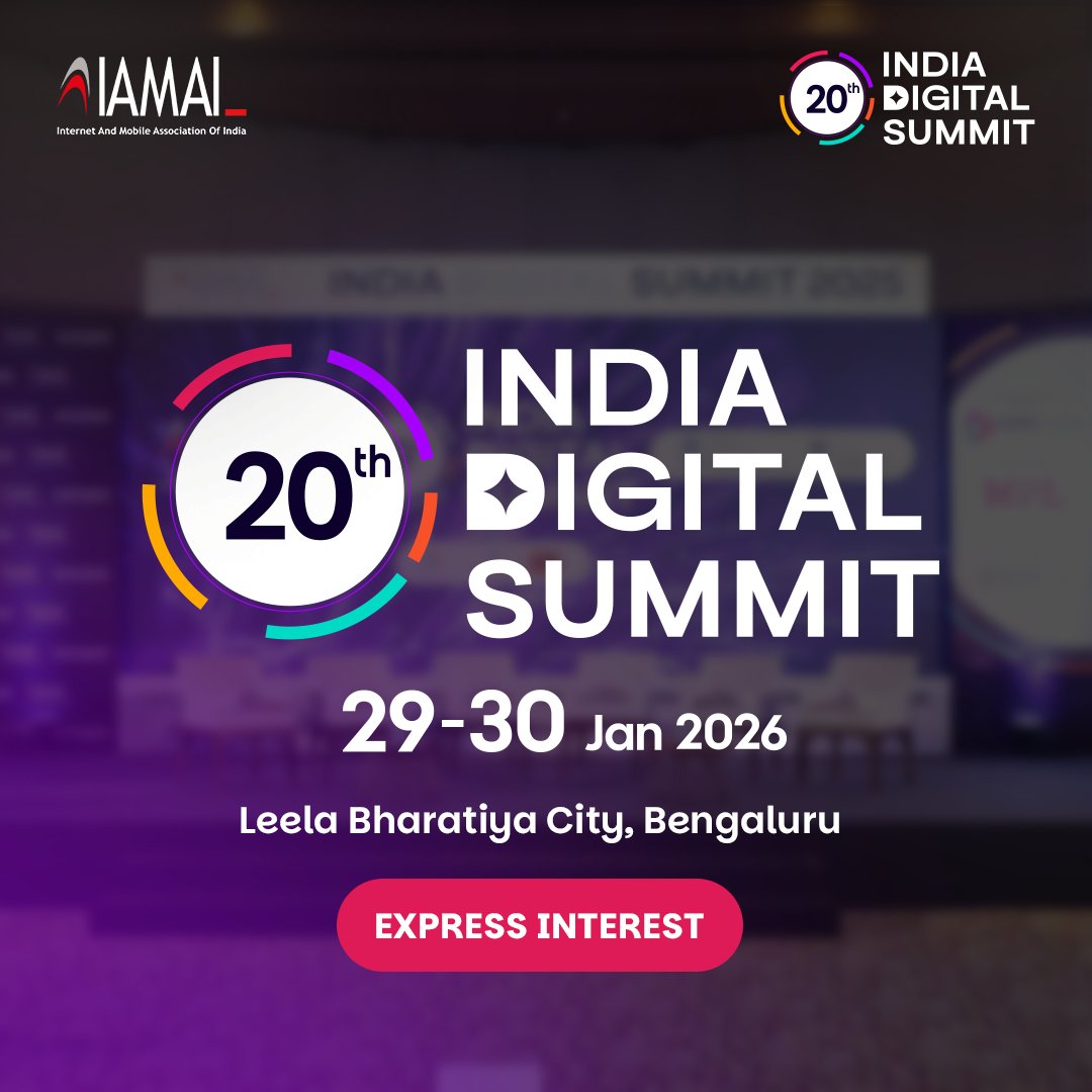 India’s biggest digital transformation moment is loading.  7,500+ leaders. 
300+ speakers. 
50+ sessions. 
75+ exhibitors.

Express your interest: indiadigitalsummit.in

#IDS2026 #DigitalIndia #IAMAI #TechLeadership #AI #Innovation #Networking #Startups #DigitalEconomy