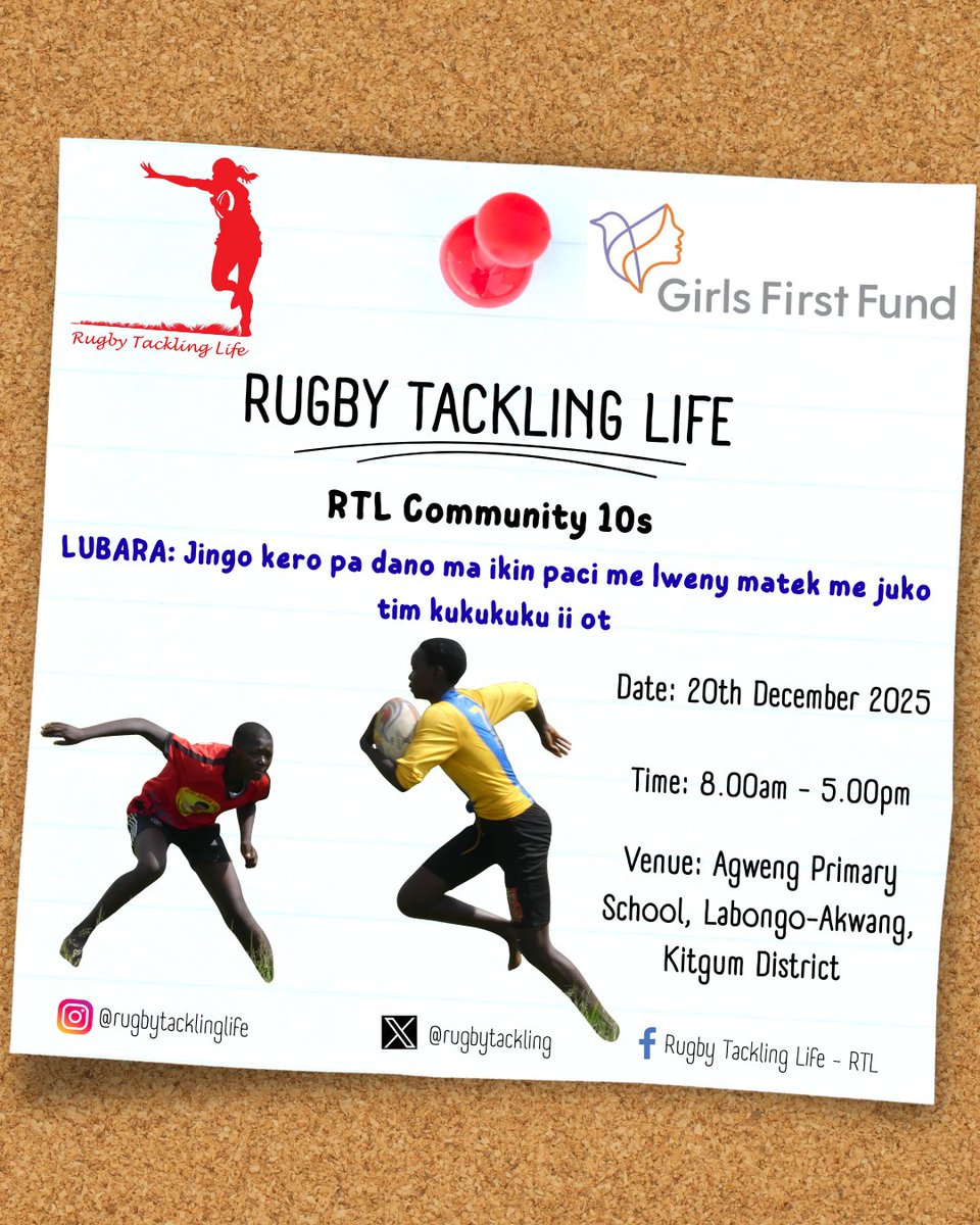 RugbyTackling's tweet image. RTL will host a 10s tournament for community teams &amp;amp; also have other activities on 20th December at Agweng Primary School in Labongo-Akwang.

The theme of the day is
"Building Communities Towards Ending Domestic Violence".

#RugbyTacklingLife
@GirlsFirstFund
#StopDomesticViolence