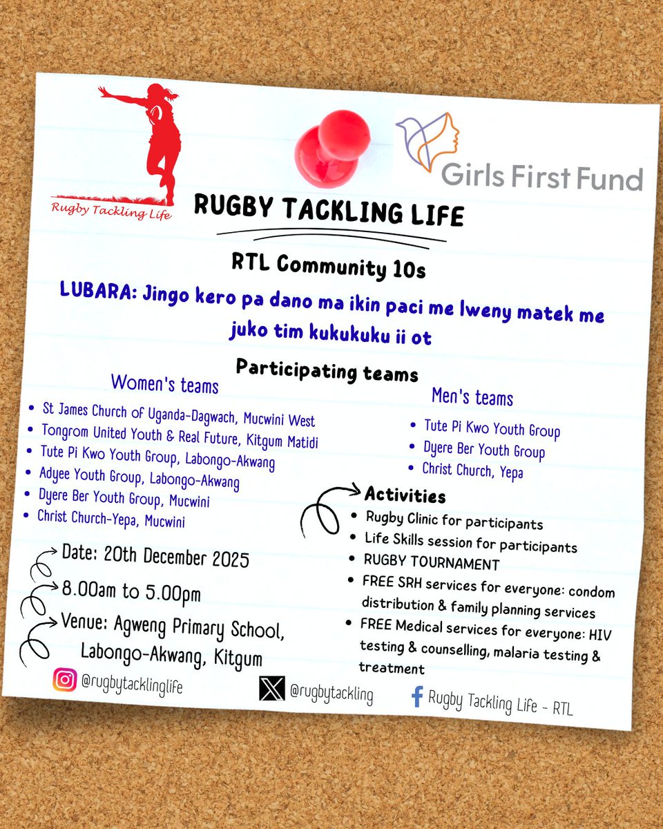 RugbyTackling's tweet image. RTL will host a 10s tournament for community teams &amp;amp; also have other activities on 20th December at Agweng Primary School in Labongo-Akwang.

The theme of the day is
"Building Communities Towards Ending Domestic Violence".

#RugbyTacklingLife
@GirlsFirstFund
#StopDomesticViolence