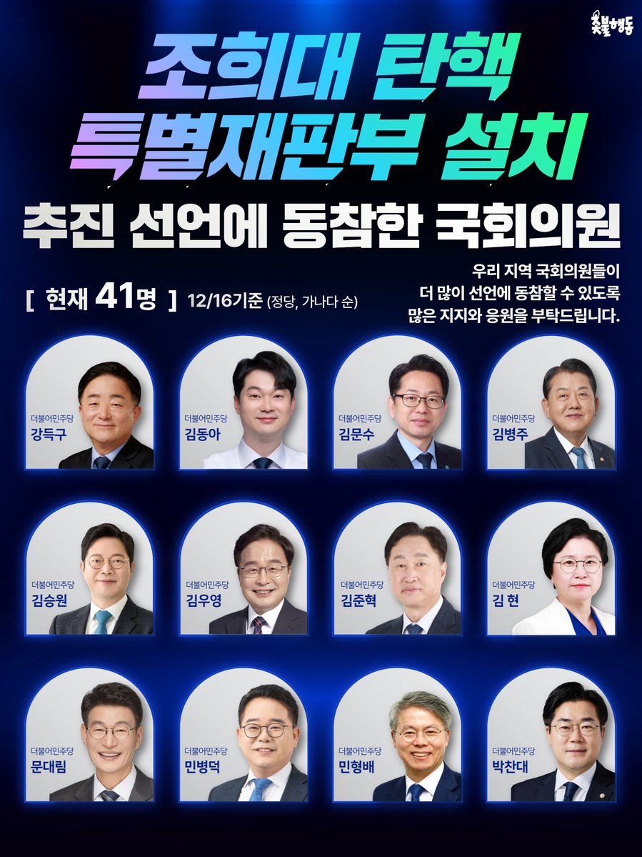 candlemove's tweet image. &amp;lt;조희대 탄핵, 특별재판부 설치 추진 선언에 동참한 국회의원&amp;gt;

📍현재 41명 (12/16 기준)

* 더불어민주당(33명)
강득구, 김동아, 김문수, 김병주, 김승원, 김우영, 김준혁, 김 현, 문대림, 민병덕, 민형배, 박찬대, 박홍근, 부승찬, 서영교, 서영석, 신정훈, 안호영, 염태영, 윤종군, 이개호,…