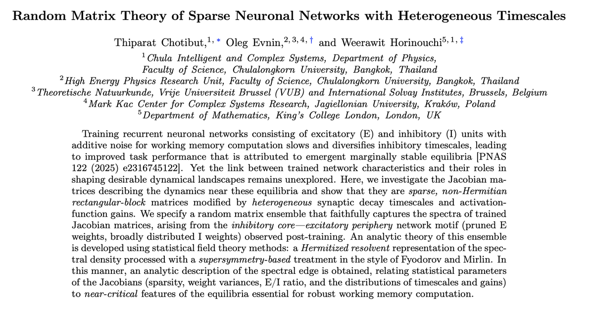ThiparatC's tweet photo. [1/n] Excited to share our latest work, combining a rare mix of theoretical physics tools to answer a fundamental question in neuroscience: 

How do cortical networks operate near criticality with improved working memory without requiring precise parameter fine-tuning? 🧠⚛️ https://t.co/iM8F4rB5n9