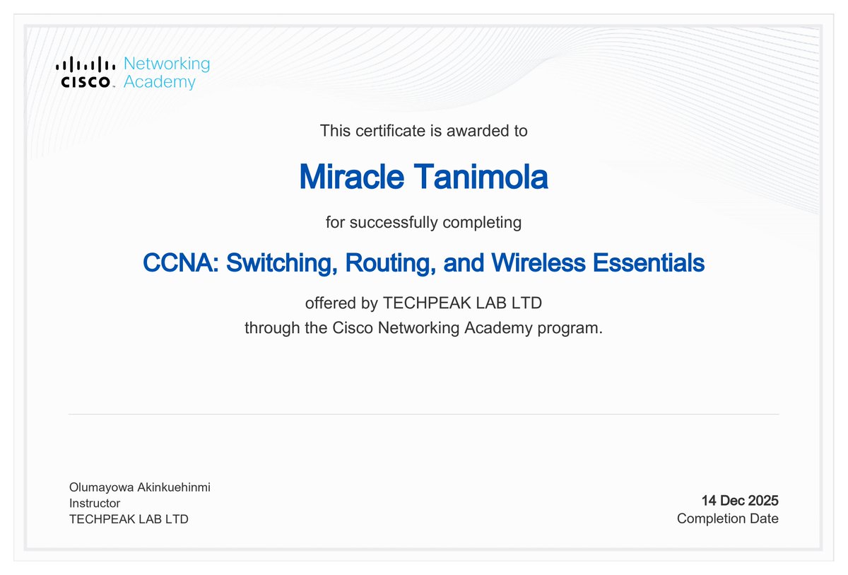 abayo_miracle's tweet image. I've completed the second series (SWRE) on the Cisco Netcad platform.

Big thanks to @akintunero @lanceeihoda and the @TechPeakLab for making such a huge opportunity available for free.

Shout out to the amazing mentors who also supported us throughout this phase.

@mondelo__