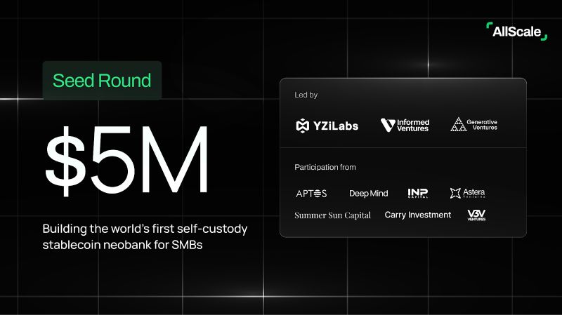 TDTCGlobal's tweet photo. Congrats to AllScale on its $5M Seed round. Proud that TD Venture backed the team early and to see their self custody stablecoin neobank vision recognized by YZi Labs, Informed Ventures, and Generative Ventures. Excited to watch what comes next. https://t.co/Gg6tLPl1O2