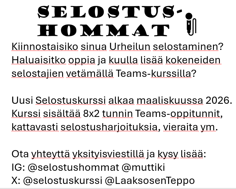 Maaliskuussa alkavalle Teams-selostuskurssille on tullut nyt siihen tahtiin ennakkoilmoittautumisia että ihan pari paikkaa on enää tässä kohtaa vapaana. Varmista oma paikkasi, lisätietoja yksityisviestillä.

#selostushommat #selostuskurssi #selostus #selostaja