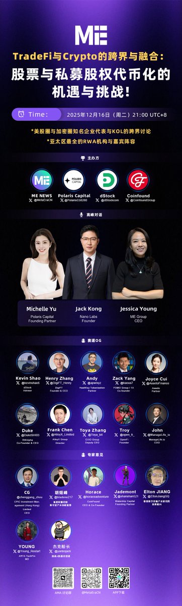 🚨 重磅 AMA 来袭 🚨
🔥 TradeFi × Crypto 的跨界与融合：股票与私募股权代币化的机遇与挑战

⏰ 时间：12 月 16 日 21:00（UTC+8）
🔗 链接：x.com/i/spaces/1Mnxn…
✨ 主办方：<a href="/MetaEraCN/">ME News</a> ｜ @PolarisC58280 ｜ <a href="/dStockcom/">dStock</a> ｜ <a href="/CoinfoundGroup/">CoinFound</a>

🎙️ 高峰对话
<a href="/punk8185/">Jack孔@Nano Labs(NA)🇭🇰</a>（Nano Labs Founder）