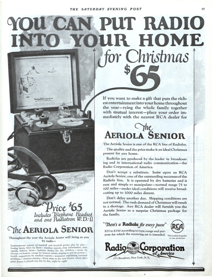 LRonLacy's tweet photo. #OTD in 1922
‘You Can Put Radio Into Your Home for Christmas - $65’
‘The Aeriola Senior’
Radio Corporation of America
*The Saturday Evening Post*, December 16, 1922
#radio #RCA #Radiola #Christmas #Natale #Holidays #Christmasgifts #ChristmasPresents https://t.co/vnfTUL4JI0