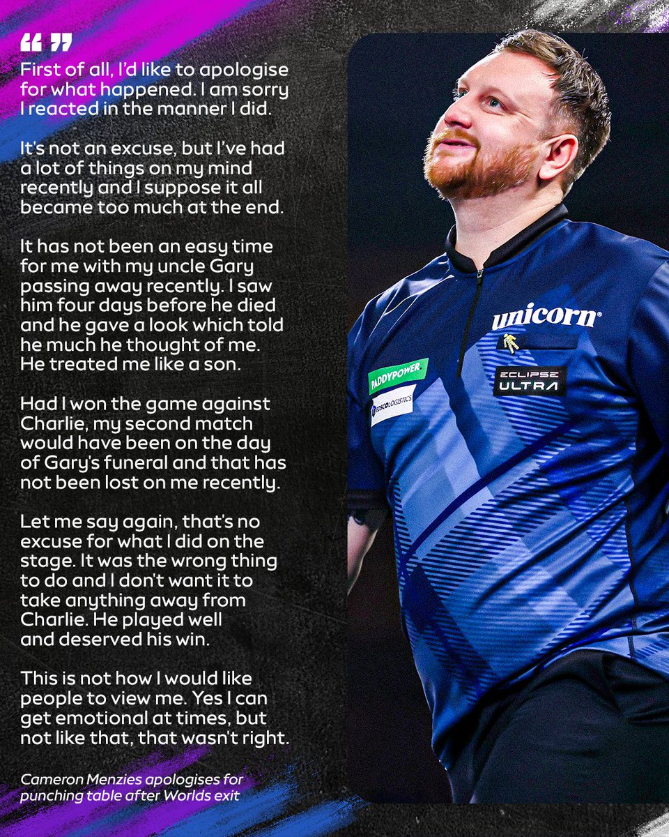 Cameron Menzies has issued a statement apologising for his actions, where he was taken to hospital after punching a table in frustration following his exit from the World Darts Championship.