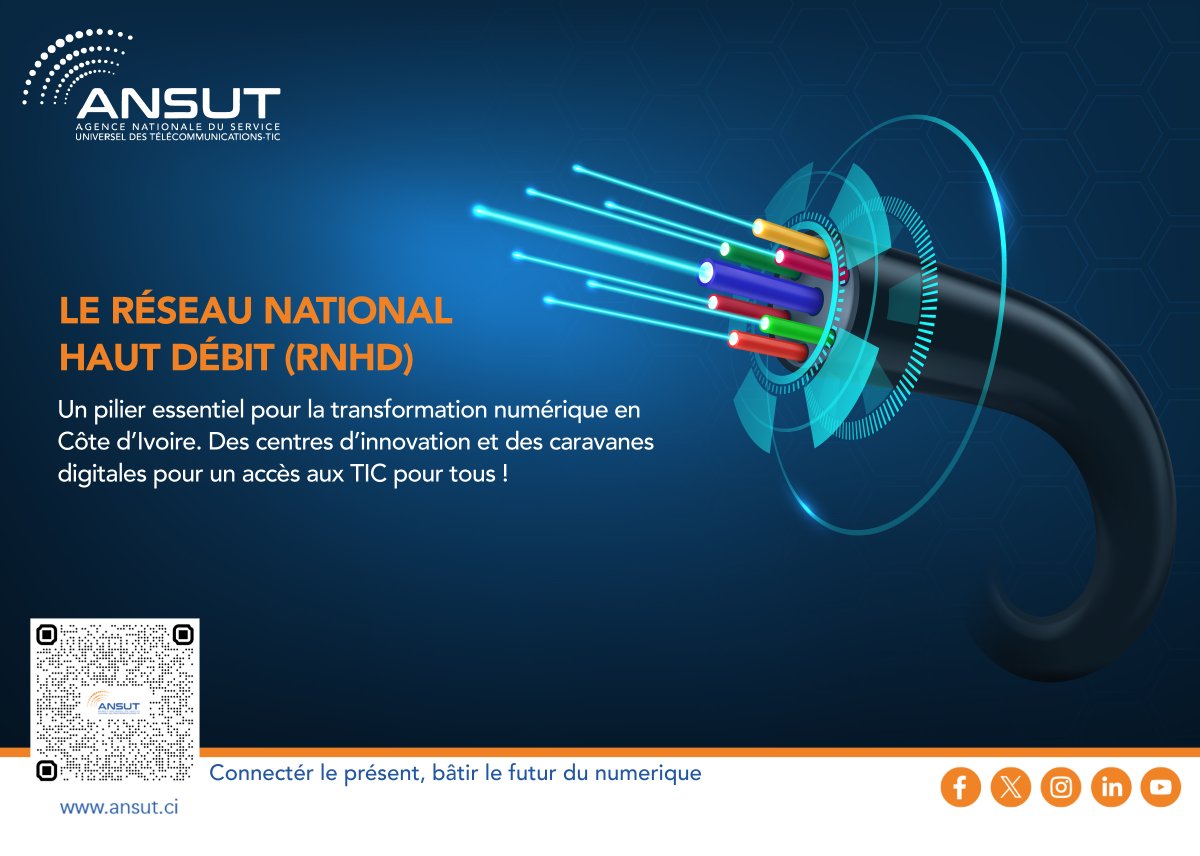 📡 LE RÉSEAU NATIONAL HAUT DÉBIT (RNHD) : MOTEUR DE LA TRANSFORMATION NUMÉRIQUE EN CÔTE D’IVOIRE

Le RNHD, déployé par l’ANSUT, connecte tout le territoire grâce à une fibre optique rapide et fiable. Il ouvre l’accès à des services numériques de qualité pour les citoyens, les