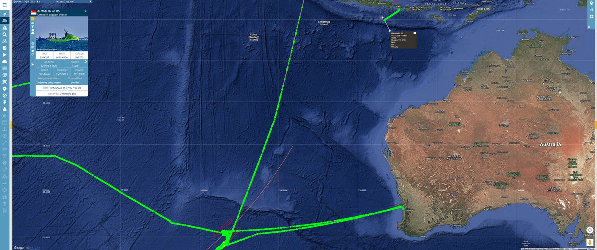 #MH370 Armada 86 05 is holding course at 242 degrees. We think this is due to the weather, and they will turn south eventually. In the 3rd image, I've included Armada 78 06s track. #vesseltracking by <a href="/BigOceanData/">BigOceanData</a>