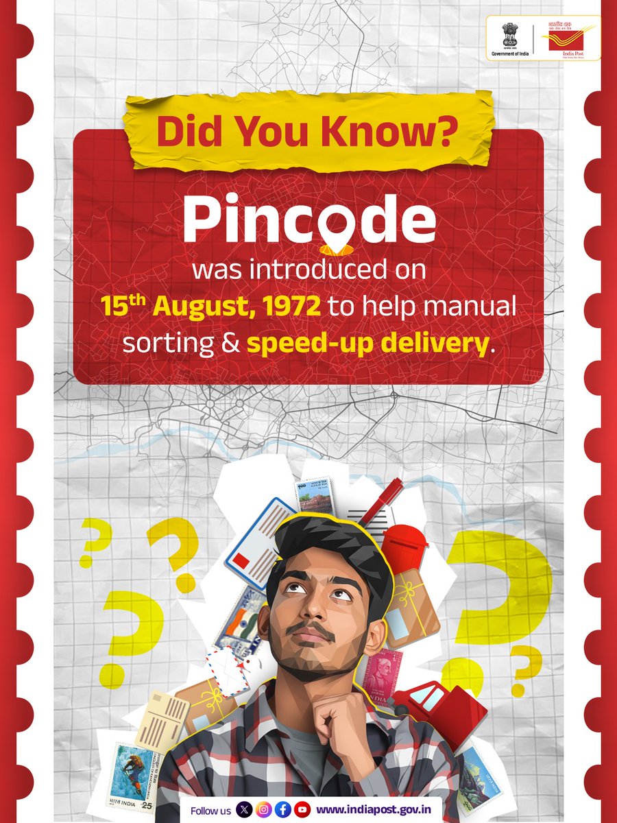 Introduced on 15 August 1972, India’s 6-digit PIN code system is built with precision

The 1st digit marks the region, 2nd the sub-region, 3rd the sorting district, and the last three identify the exact post office — a thoughtfully designed system that streamlined manual sorting