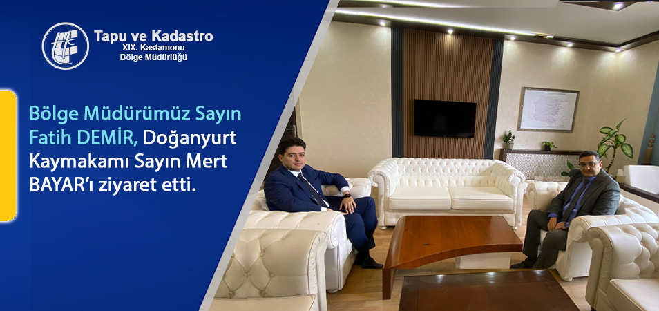 Bölge Müdürümüz Sayın Fatih DEMİR, Doğanyurt Kaymakamı Sayın Mert BAYAR'ı makamında ziyaret etmişlerdir.

tkgm.gov.tr/kastamonu-bm/b…