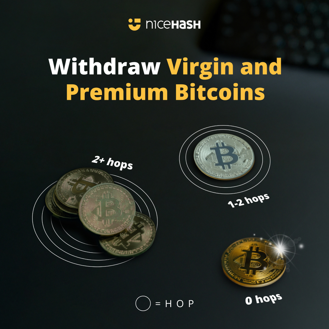 Some Bitcoin stays closer to the block where it was created. With NiceHash,  you can withdraw: • Virgin BTC -> 0 hops • Premium BTC -> 1-2 hops A  different way to